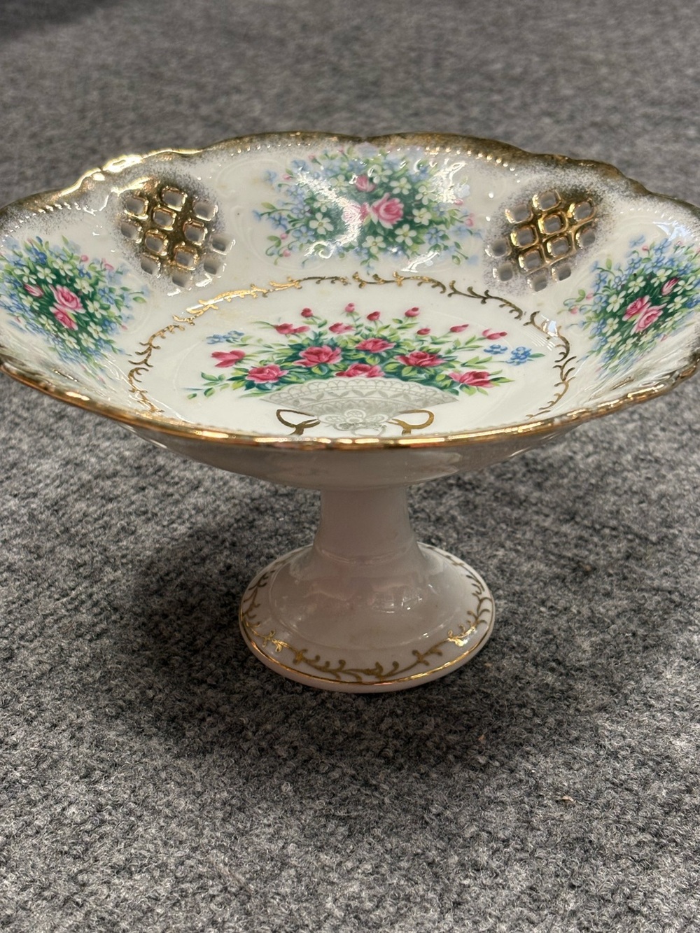 Vintage 1950s Pedestal Compote Flowers in the Garden Japanese Server